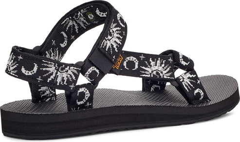 Black strappy sandal with sun and moon design.