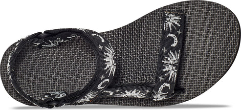 A black sandal with sun and moon designs on the straps.