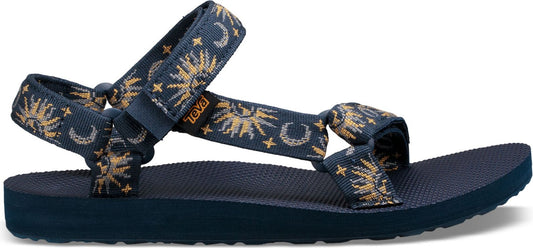 A sandal with a dark blue sole and patterned straps featuring sun, moon and star designs.