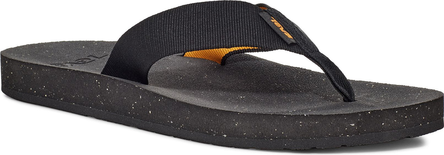 A black sandal with a strap across the top.