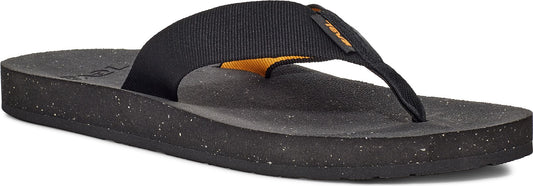 A black sandal with a strap across the top.