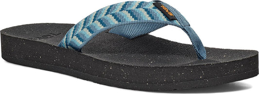 A sandal with a blue woven strap and a thick black sole.