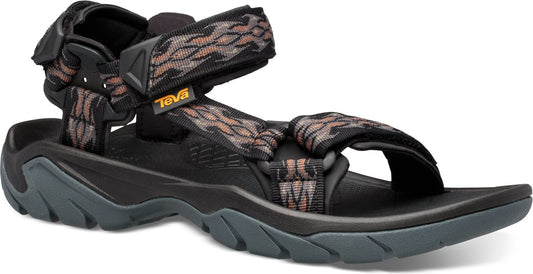 Black sandal with adjustable straps featuring a geometric pattern, a molded footbed, and a lugged sole.