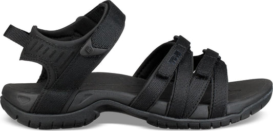 Black sandal with multiple straps and an adjustable heel.