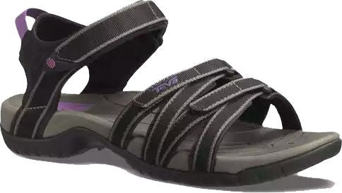 Black sandal with gray straps and gray sole, purple accents