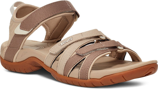Tan sandals with adjustable straps and a durable-looking brown sole.