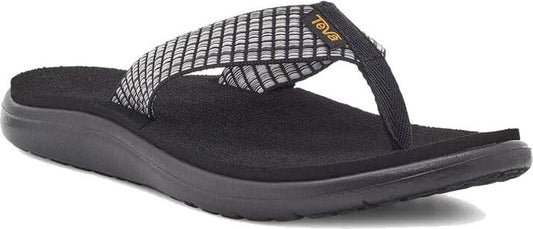 A black flip-flop with a checkered strap and the word "Teva" on the side.