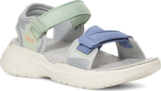 Sport sandal with mint green and light blue adjustable hook-and-loop straps and thick, off-white contoured sole.