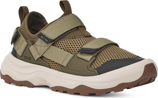 Olive green mesh closed-toe sandal with tan straps and a thick two-tone rubber sole.