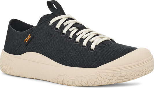 A black canvas sneaker with off-white laces and sole.
