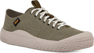 Olive green canvas sneaker with beige sole and toecap, featuring white and grey patterned laces and a heel pull tab.