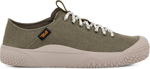 A canvas walking shoe in olive green with a beige sole and white laces.