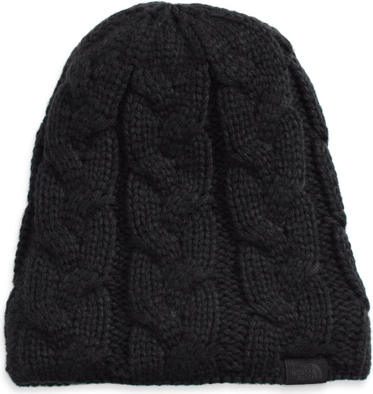 Black knit beanie with cable pattern.