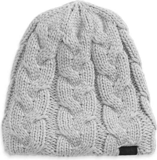 Light grey knit beanie with cable pattern and small black tag at the bottom.