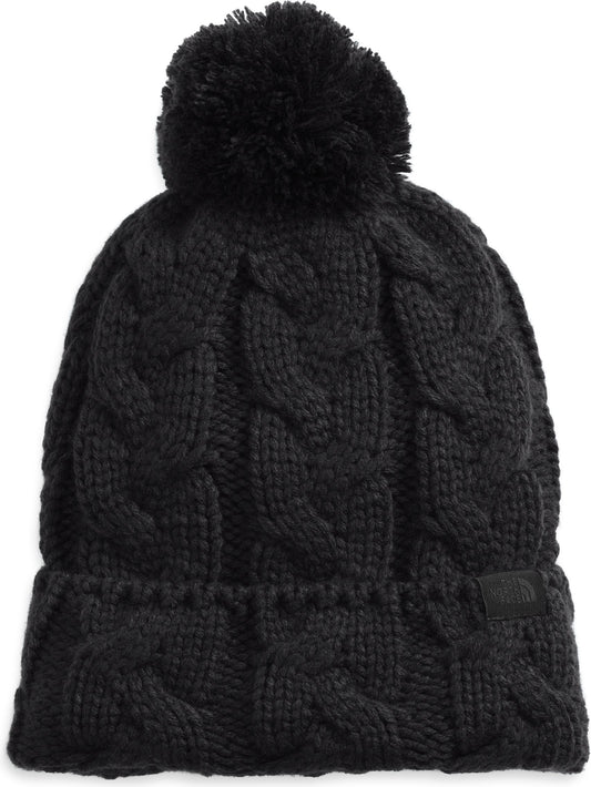 Black knit beanie with cable pattern and pompom.