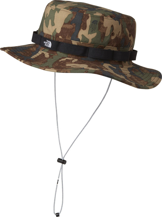 Camo bucket hat with a black band and chin strap.