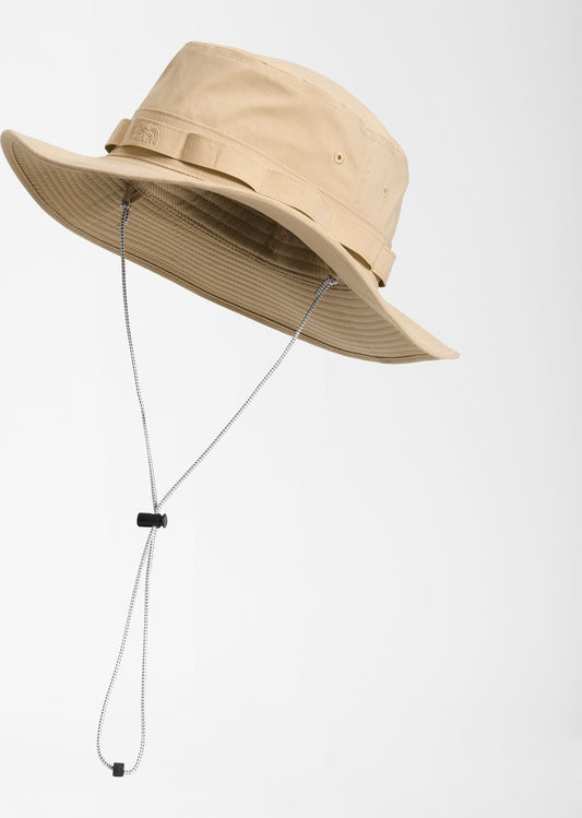 Khaki sun hat with wide brim and adjustable chin strap.