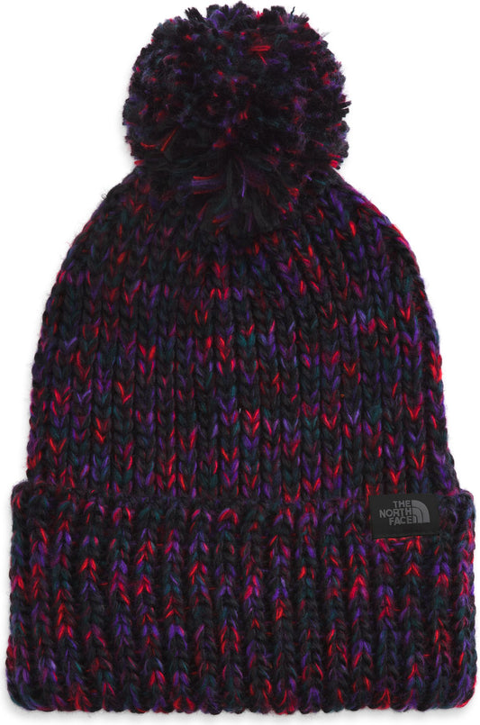 Knit beanie with pompom, dark colors, with logo patch