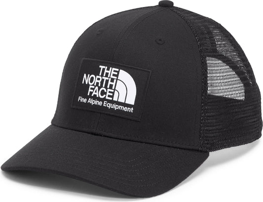 Black trucker hat with front logo patch that reads "THE NORTH FACE Fine Alpine Equipment".