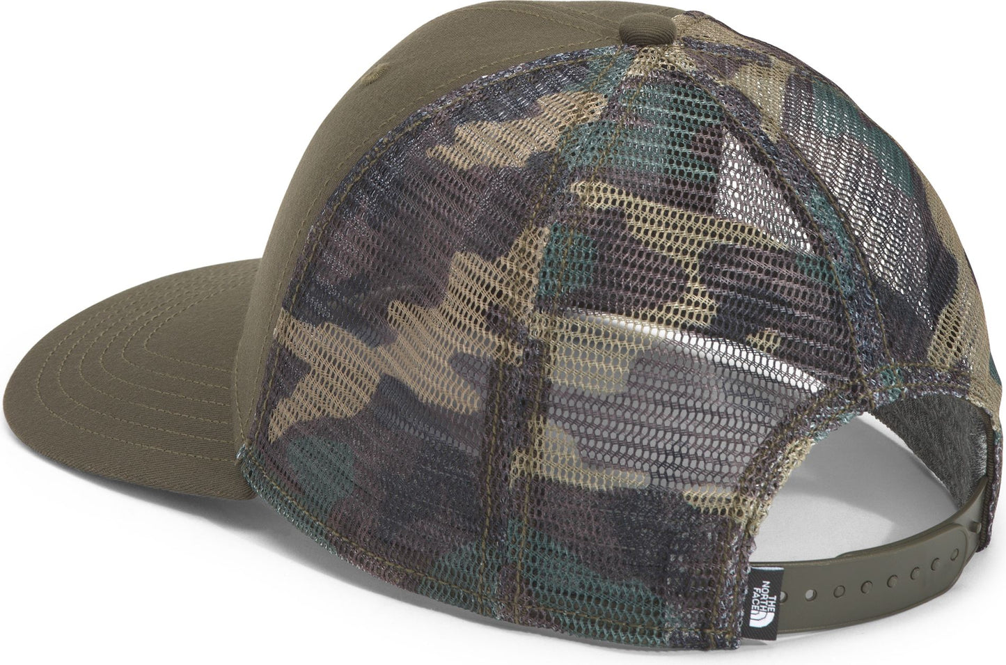 A green trucker style baseball cap with camouflage print on the mesh back.