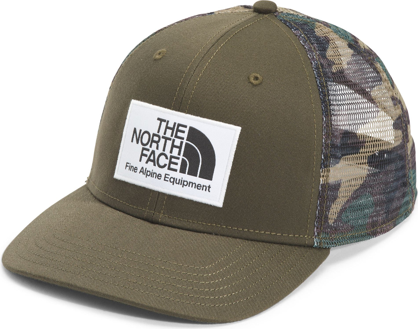 A baseball cap with an olive green front panel featuring a white rectangular patch with black text and a half-circle logo, and a camouflage mesh back panel.