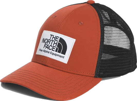 Orange and black trucker hat with The North Face logo patch.