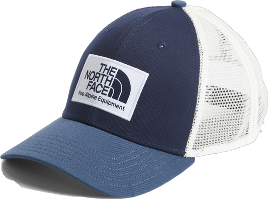 A blue and white trucker style hat featuring the text "THE NORTH FACE Fine Alpine Equipment" on a white patch.