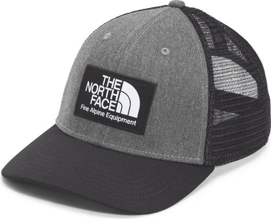 Grey and black trucker hat with logo.