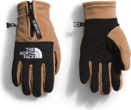Pair of tan fleece gloves with black palm and finger sections; left glove has a zippered pocket on top with a black label that reads "THE NORTH FACE".