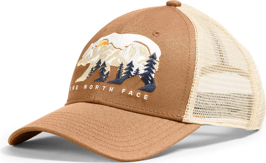 Brown baseball cap with a beige mesh back and a bear and tree design on the front with text that says "THE NORTH FACE".
