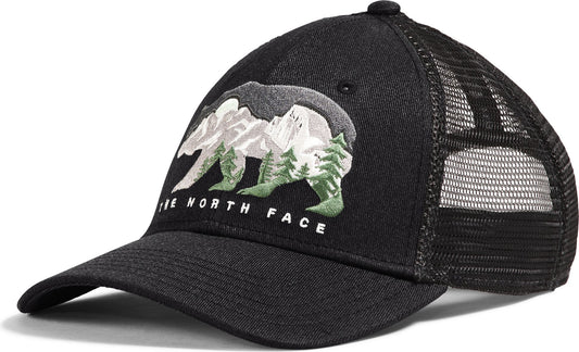 Black trucker hat with a bear graphic featuring mountains and trees, with "THE NORTH FACE" text below the bear.