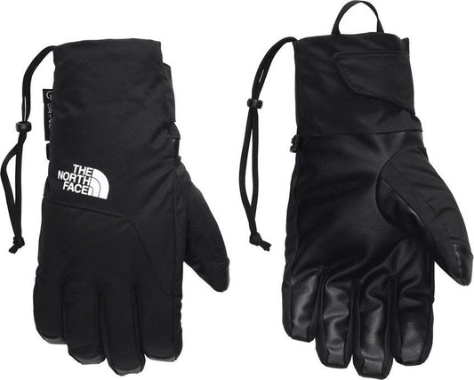 A pair of black ski gloves with a drawstring on the wrist. The gloves have five fingers and the palm has leather pads. The North Face logo is printed in white on the back of one glove.