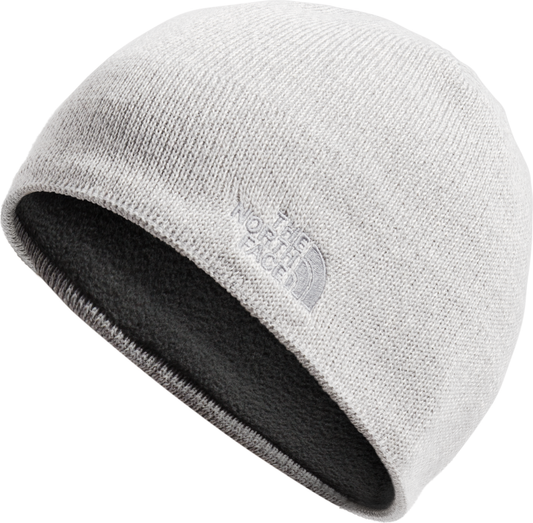 Light gray knitted beanie with dark gray interior lining and a small, embossed logo on the side.
