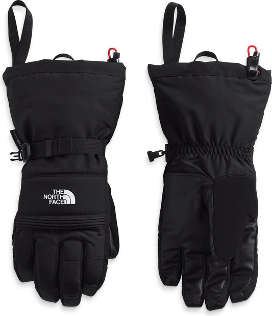 Pair of black ski gloves; one facing forward with the THE NORTH FACE logo near the wrist, and one facing backwards showing a cinch at the wrist.