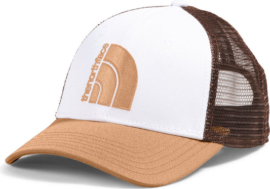 White trucker hat with a brown bill, brown mesh back, and a vertical logo on the side.