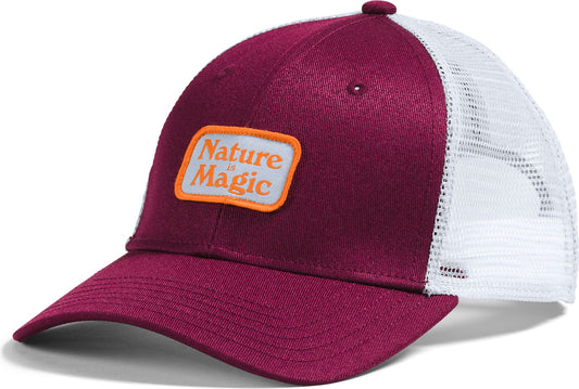 Burgundy baseball cap with white mesh back and a patch that reads "Nature is Magic".