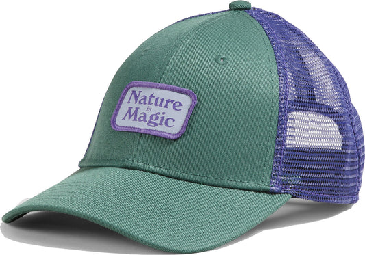 Green baseball cap with purple mesh back and "Nature is Magic" patch.