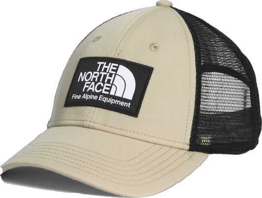 Tan baseball cap with black mesh and a logo that says "The North Face Fine Alpine Equipment"