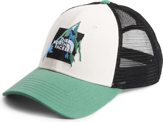 A ball cap with a green brim and top button, a white front panel with a logo featuring a mountain design, and black mesh in the rear.