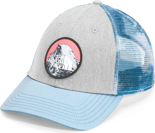 Gray, light blue and blue mesh hat featuring a round patch with mountain and logo.