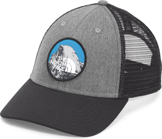 Gray trucker hat with black bill and mesh, circular mountain patch on the front.