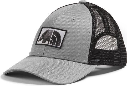 Gray trucker hat with a patch of a bear and the outline of a mountain.