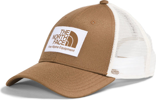 A brown hat with white mesh back and a square logo that reads "The North Face Fine Alpine Equipment".