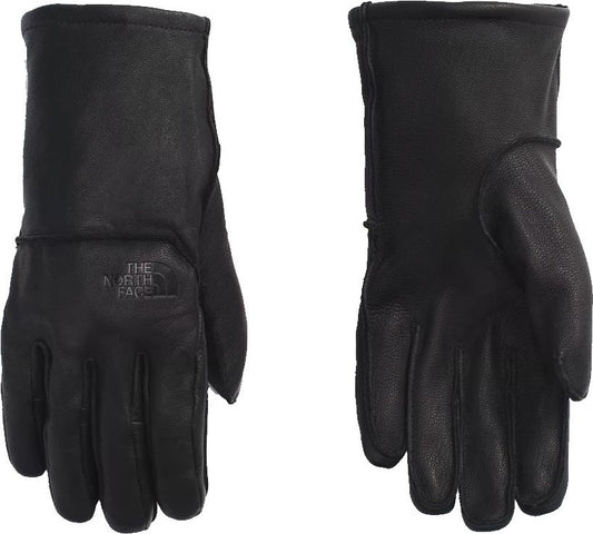 A pair of black leather gloves, one glove shows the front with 'THE NORTH FACE' embossed on the back of the hand and the other glove shows the palm side.