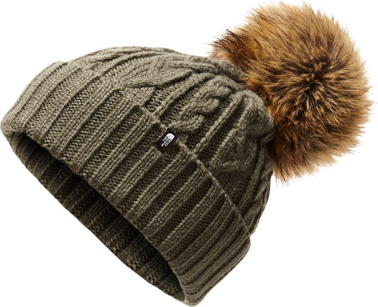 Olive green knit beanie with a faux fur pompom.