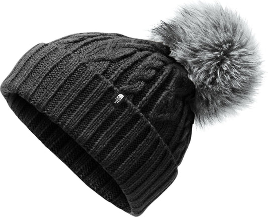 Knit hat with pom-pom on top and ribbed texture.