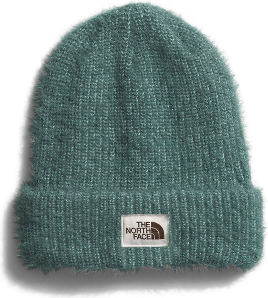 Knitted green beanie with brand logo.
