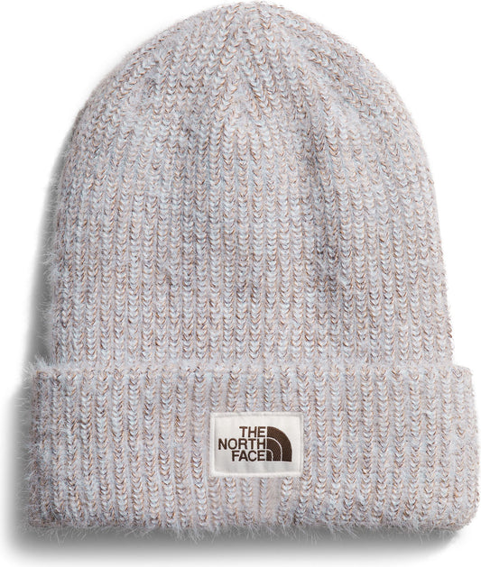 Light gray knit beanie with a folded brim and a logo patch at the center.