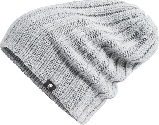 Light grey knit beanie with a folded brim and a small black tag.