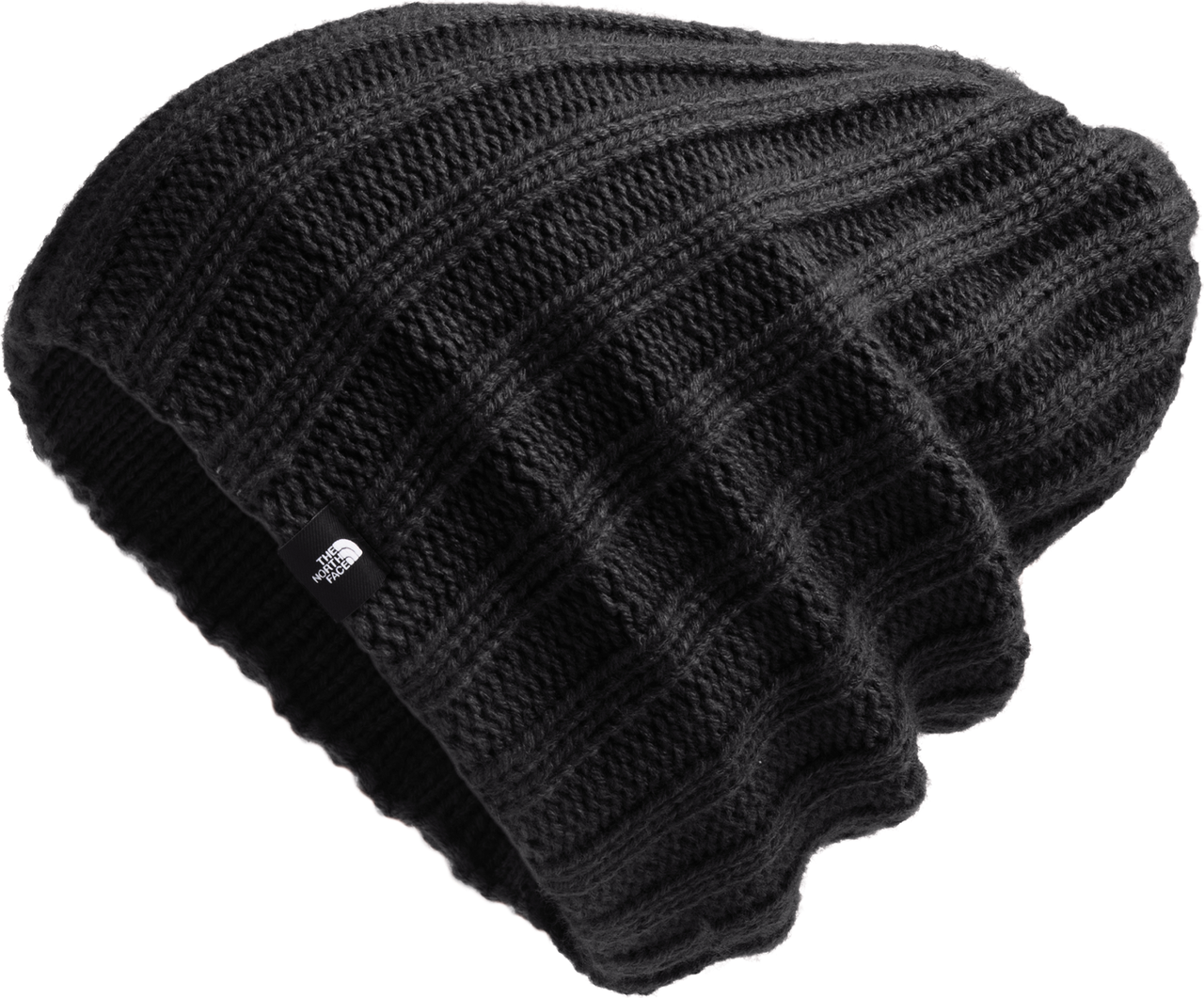 Black knit beanie with ribbed pattern and brand logo.